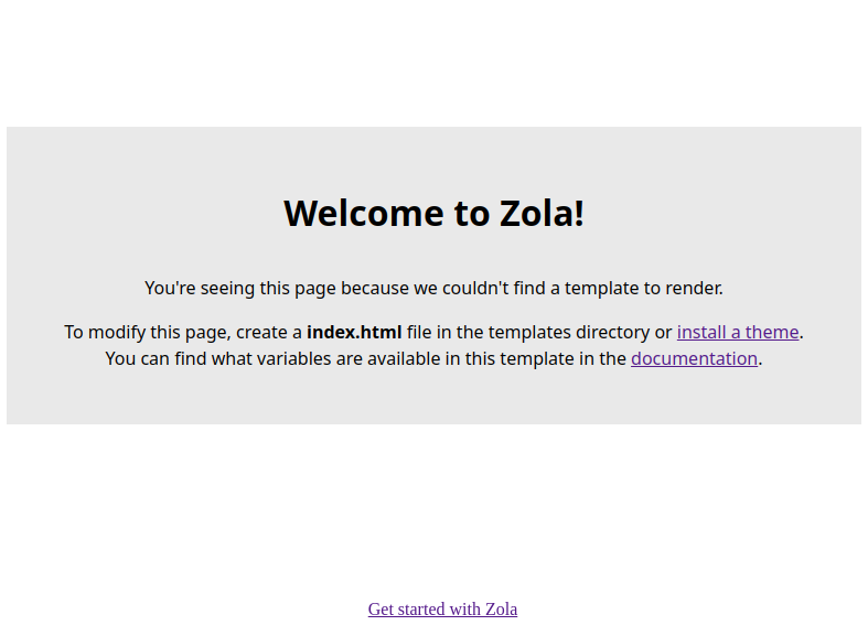 Default index screen produced by Zola